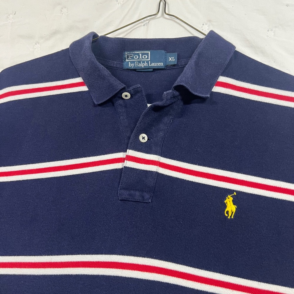 Polo Ralph Lauren Mens XL Navy Red White Striped Short Sleeve Pique Polo Shirt - Picture 1 of 9